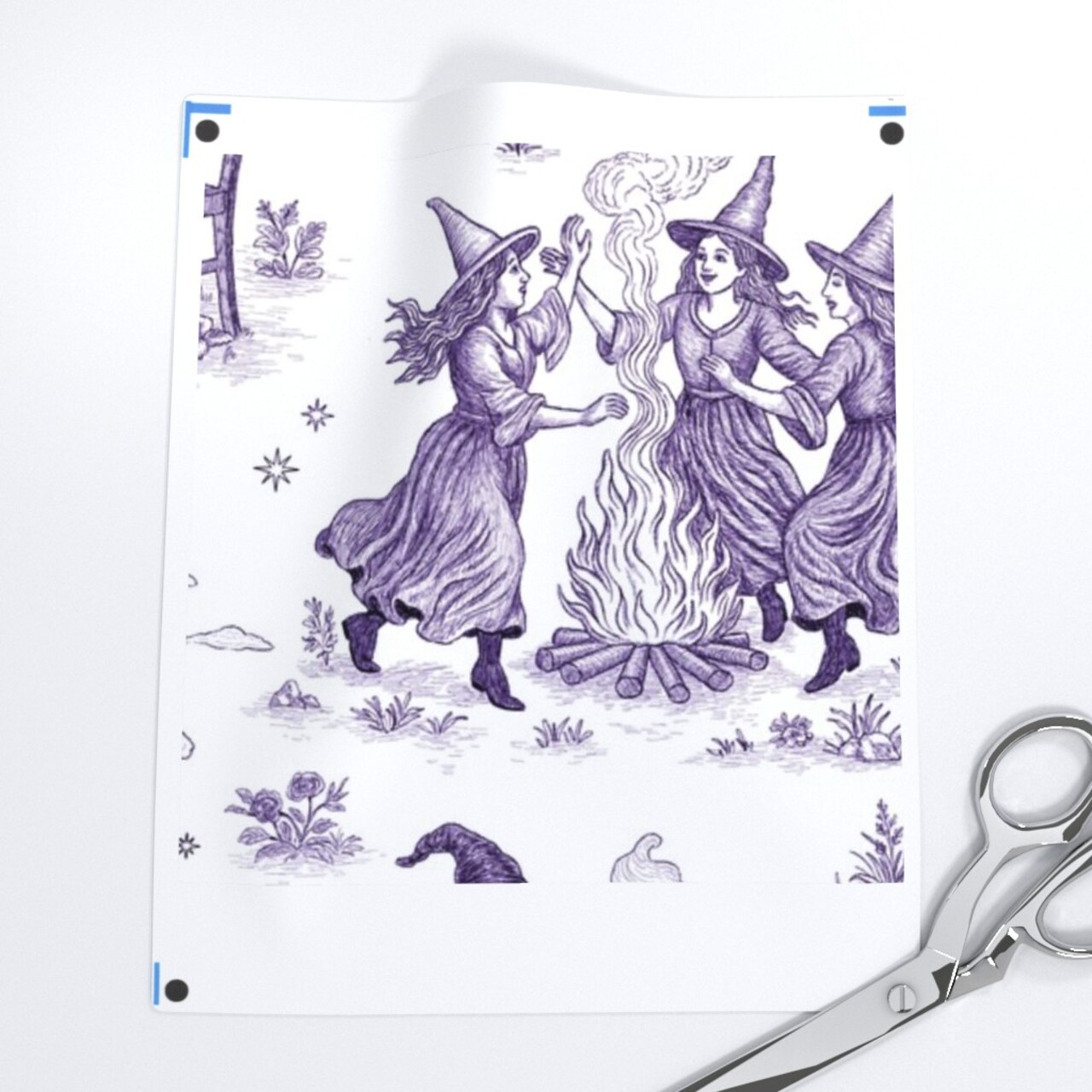 Halloween Witches Mystical Moon Black Cat Magic Brew Toile De Jouy Custom Printed Fabric by Spoonflower Various Fabrics by the Yard or Fat Quarter